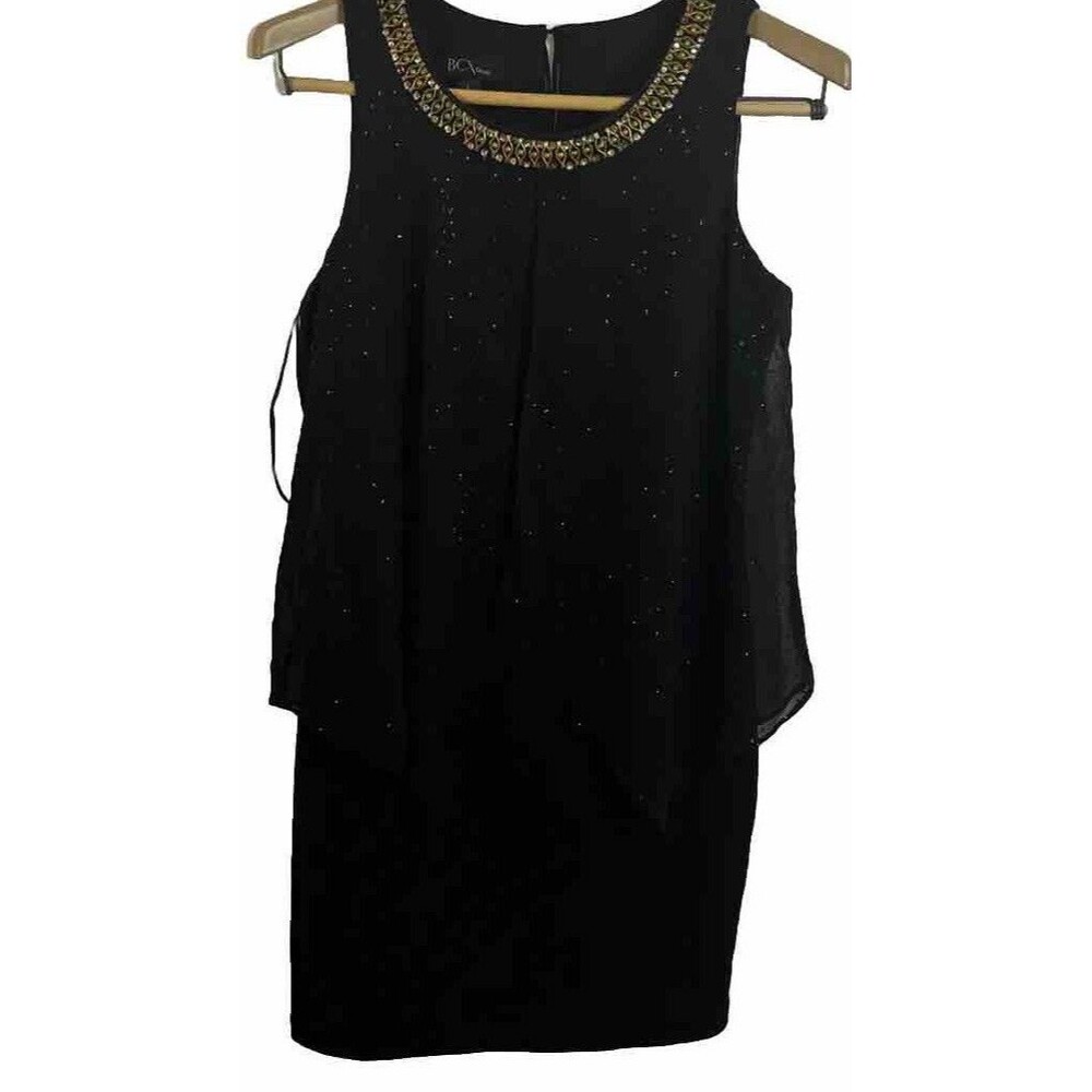 BCX Women’s Black Sleeveless Formal Cocktail Dress Size L Gold Embellish Neck